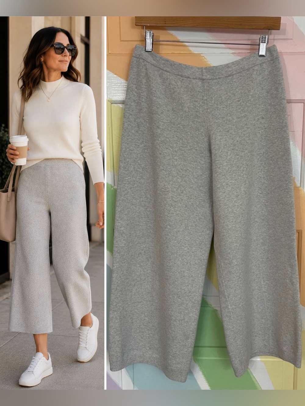 Joan Vass Women’s Wide Leg Cropped Knit Pull On Gray Pants Sz 1P (8-10P) 💕🎀
